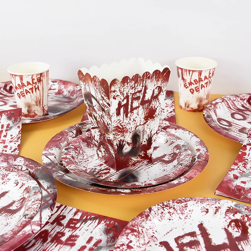 Halloween Horror Bloodstain Disposable Tableware Bloody Handprint Paper Plate Napkin Cup Popcorn Boxes Haunted House Party Decor