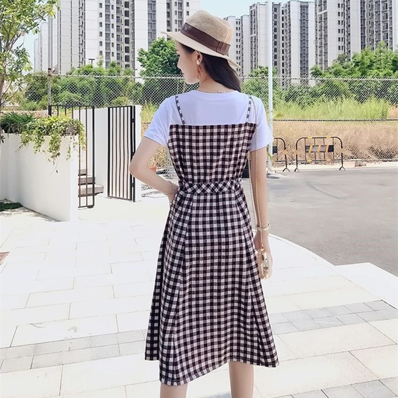 Women's Summer Casual Joker Plaid Dress Korean Fashion Lady Patchwork O-Neck Short Sleeve Dresses 2022 New Clothing Female