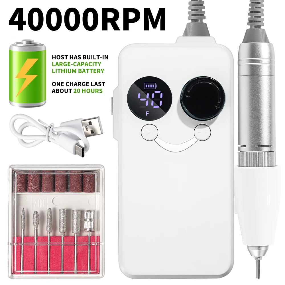 Taladro de uñas de 40000RPM, máquina pulidora de uñas eléctrica portátil recargable con fresa, herramientas para manicura