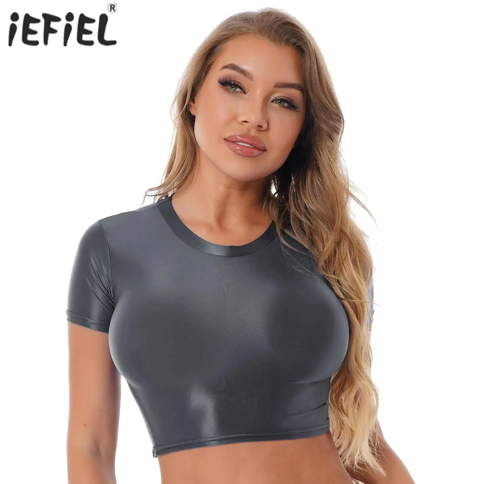 

Womens Oil Shiny Short Sleeve T-shirt Crop Top Solid Color Round Neck Slim Fit Blouse Navel Exposed Top T-shirt Yoga Fitness