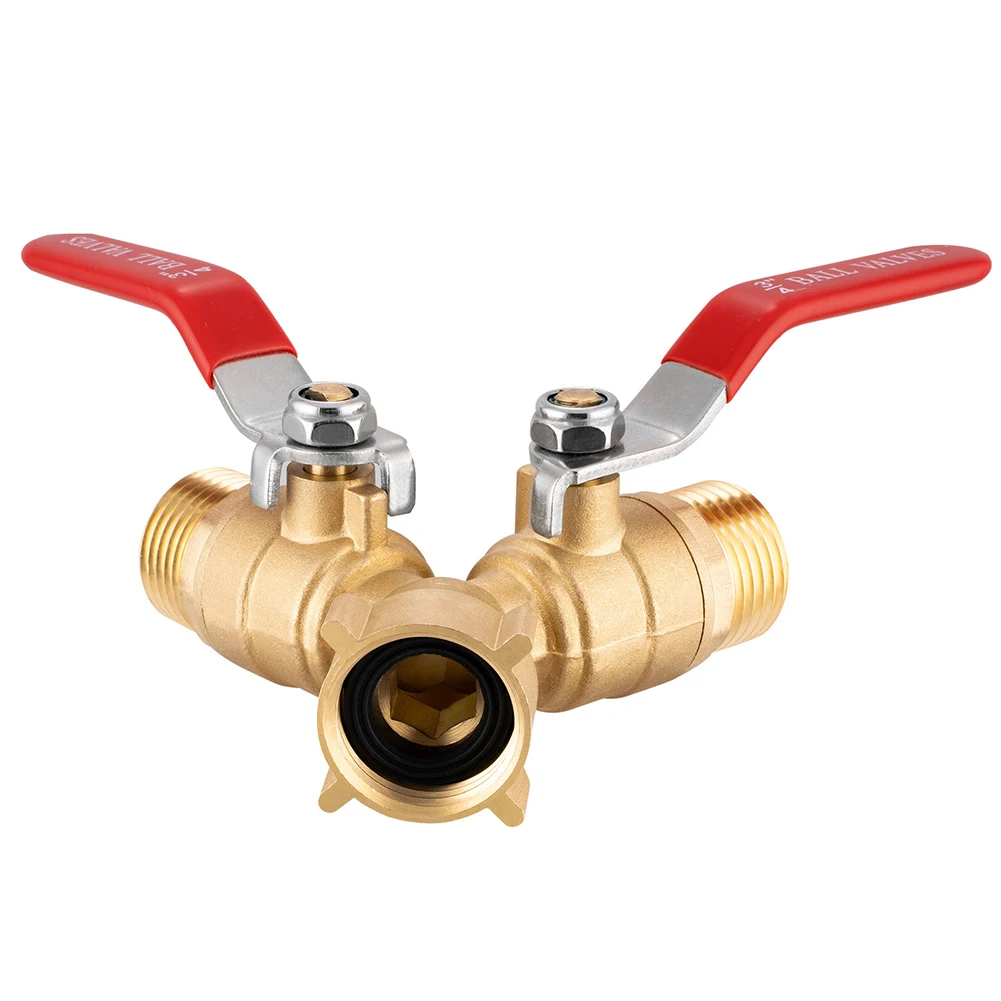 2 Way Brass Garden Hose Splitter With Long Handle High Flow Y Valve 3/4 Inch Thread For Outdoor Watering Connector Fitting