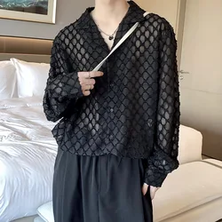 2024 Mens Sexy Black Checked See Through Lace Shirt Casual Loose Fit Transparent Mens Dress Shirts Party Club Event Top Blouse