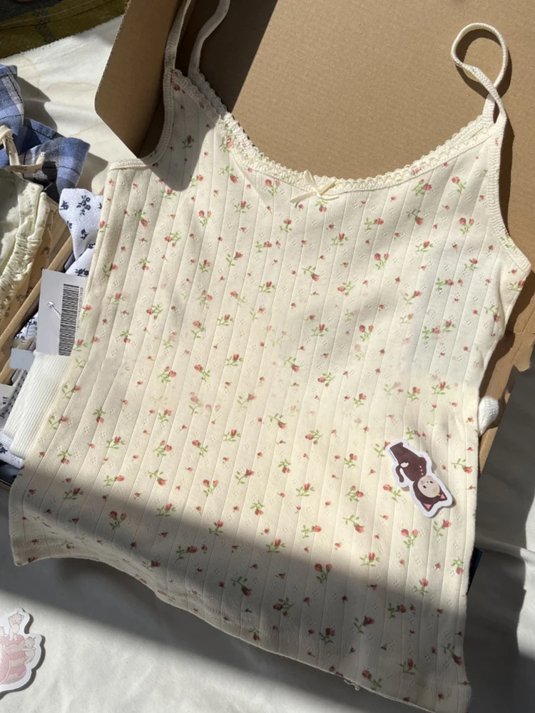 Floral Print Bow Tank Tops Women Y2k Vintage Hollow Out Sleeveless Beige Cotton Camisole Casual Harajuku Summer Slim Vests 2023