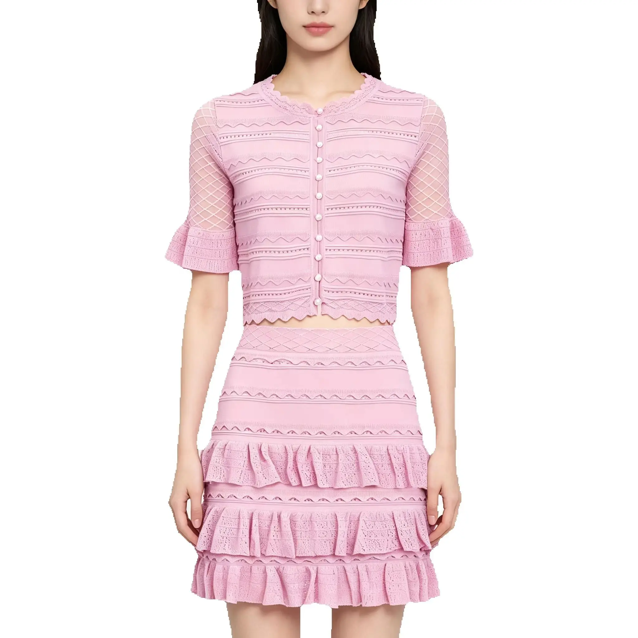 26224 Women Summer Lace Knitted 2 Piece Outfit Set Versatile Cardigan Top And Half Skirt Fashion Commuter Ladies Clothing Suit