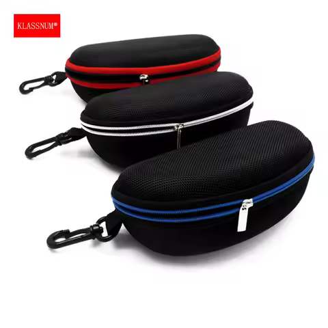 KLASSNUM Portable Sunglasses Hard Case Carabiner EVA Eye Glasses Protector Zipper Box Holder Eyewear Accessories Black Blue Red