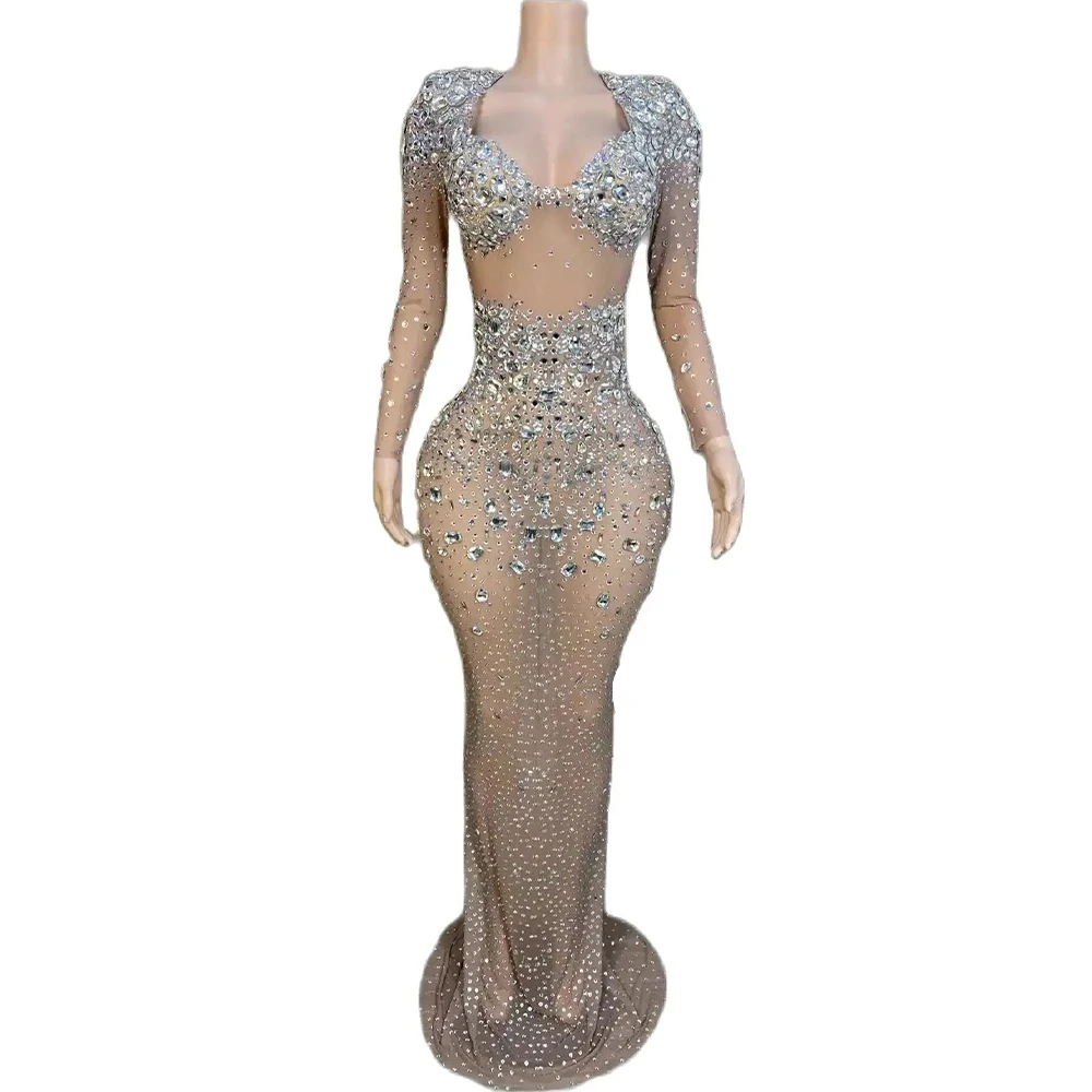 

Luxury Sparkly Silver Rhinestone Dress Performance Costume Women Prom Gown Club Party Celebrate Birthday Photoshoot Dress