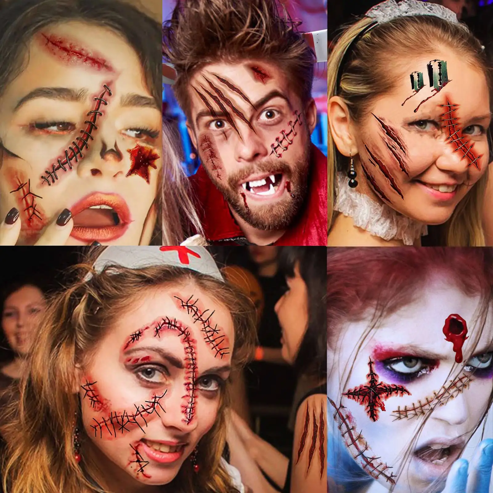 20 ورقة واقعية ندبة الدموية سستة الوشم المؤقت للرجال النساء الكبار الرهيبة غيبوبة مصاص دماء تأثيري الوجه هالوين