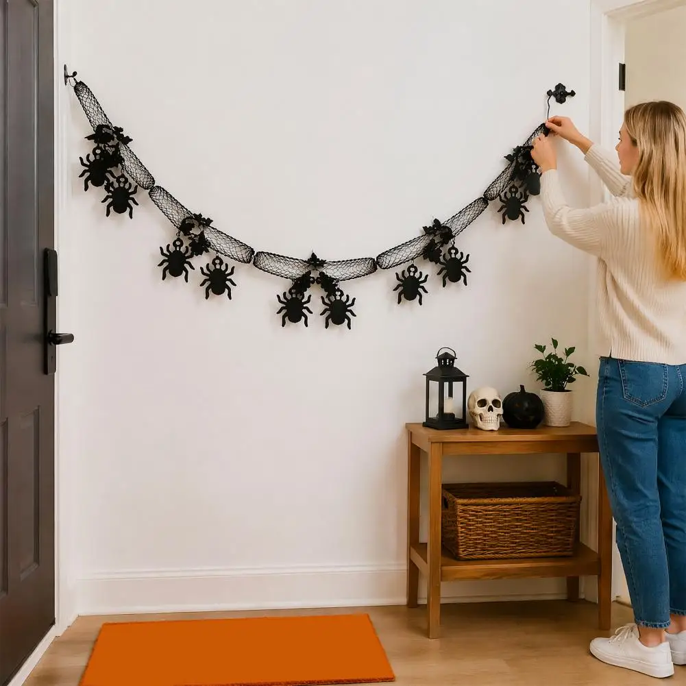 Black White Orange Festive Accents Indoor Outdoor Hanging Ornaments 10 Ft Halloween Garland Banner Spooky Spider Bat for Fall