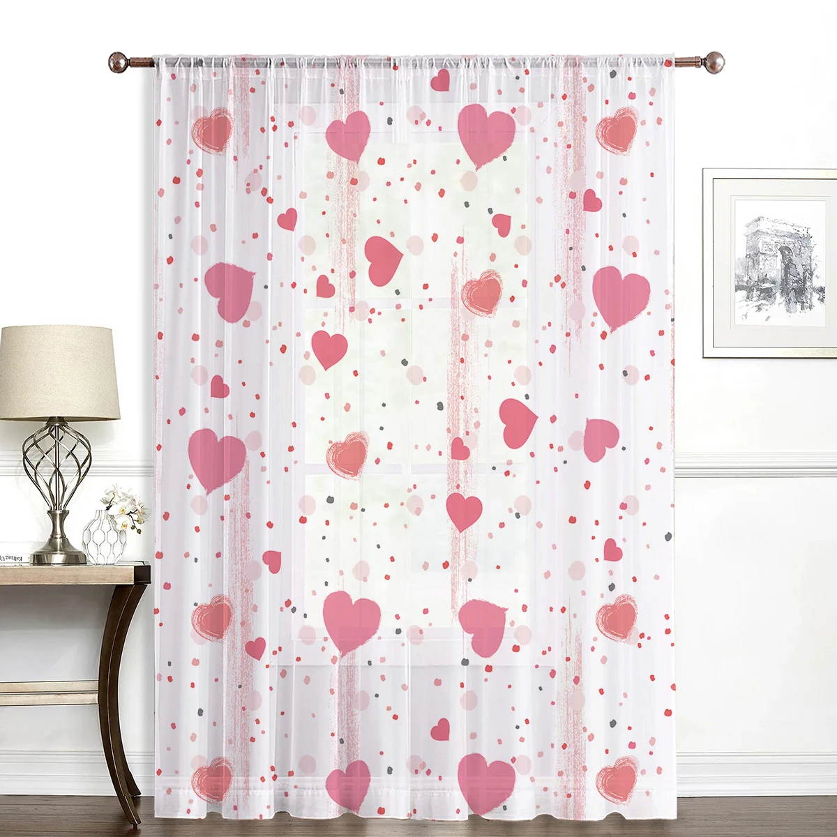 Cortina de ventana de lunares con forma de corazón rosa, tratamiento decorativo de ventana con atmósfera curativa para el Día de San Valentín, dulce y romántico