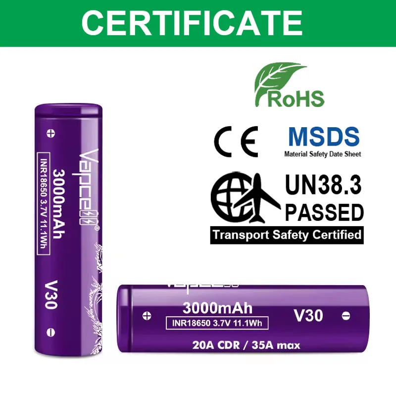 Batería Original Vapcell V30 18650, 3000mah, 35A, baterías recargables de alta descarga, celda de iones de litio INR 18650 para bicicletas eléctricas