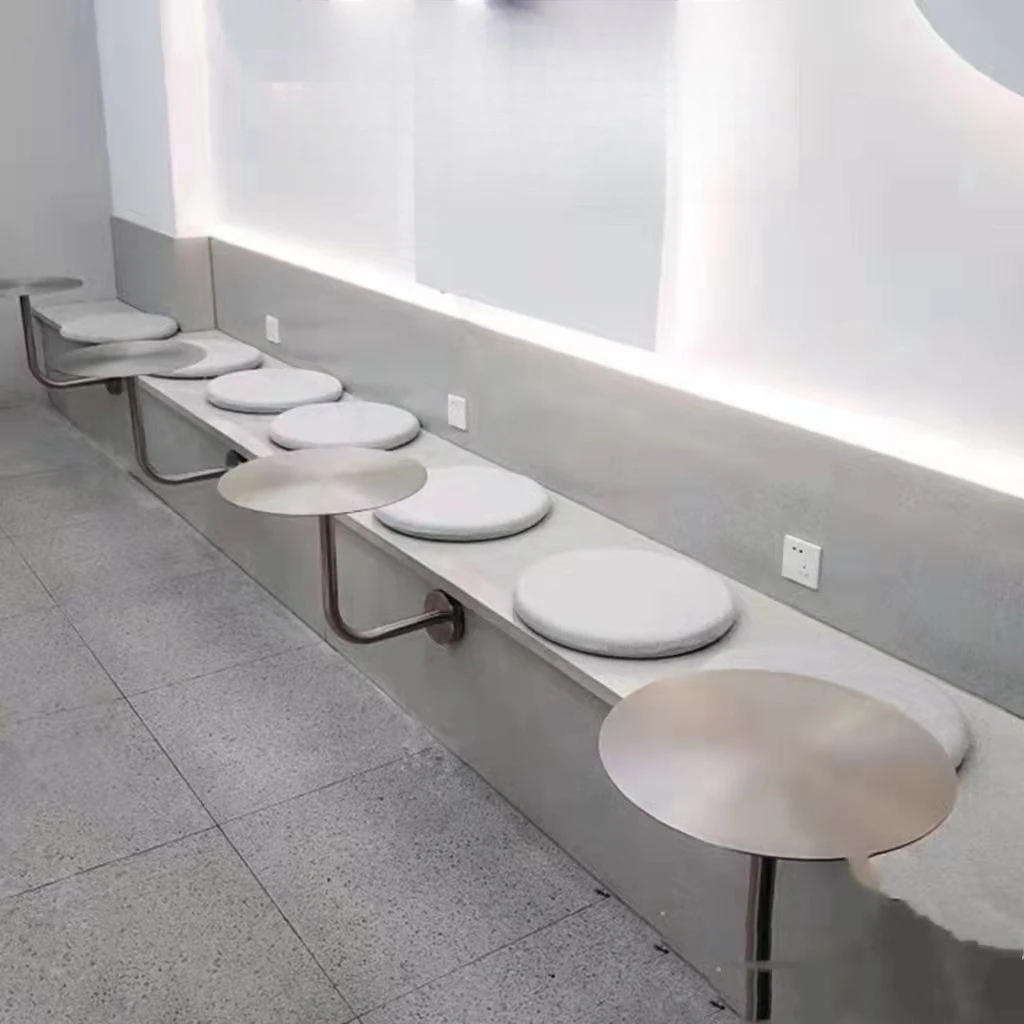 Mesa de centro circular en forma de L, mesa auxiliar de restaurante de acero inoxidable, mesa redonda pequeña montada en la pared, decoración de cafetería