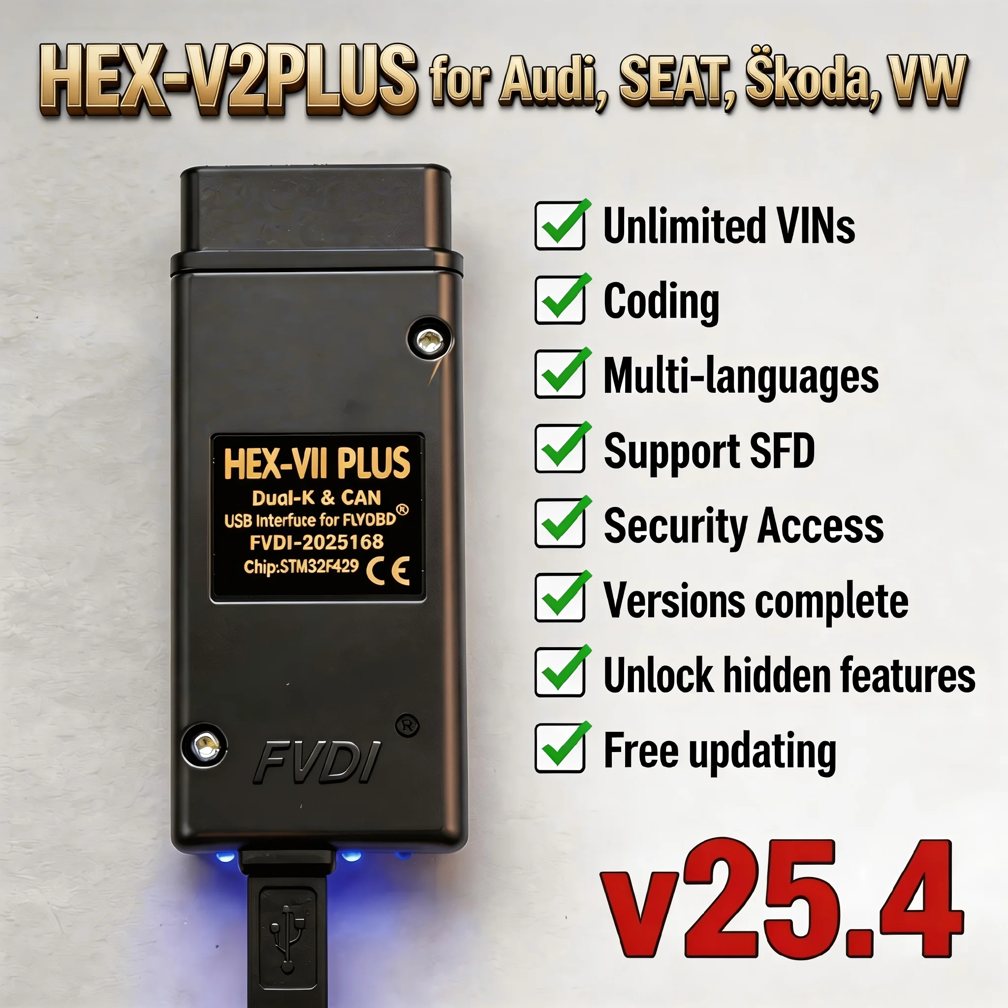 Nieuwste VCDS-kan Onbeperkt VINs Auto Scan com HEX Real V2 Diagnostic Tools VAG Codering COM STM32F429 V25.3 Voor VW AUDI Skoda Seat