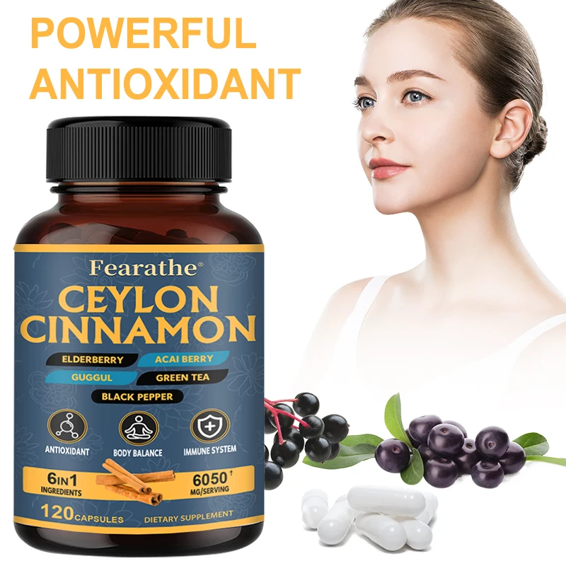 Cápsulas de canela de Ceilán, ingredientes naturales 6 en 1, 6050 mg, apoya el equilibrio, la salud del sistema inmunológico, antioxidante
