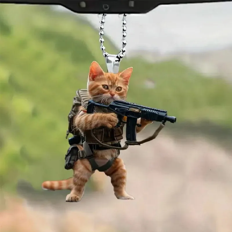 6cm Acrylic Flat Facing Cat Gun Car Pendant Dog Riding Motorcycle Backpack Pendant 2d Keychain Decorative Accessories