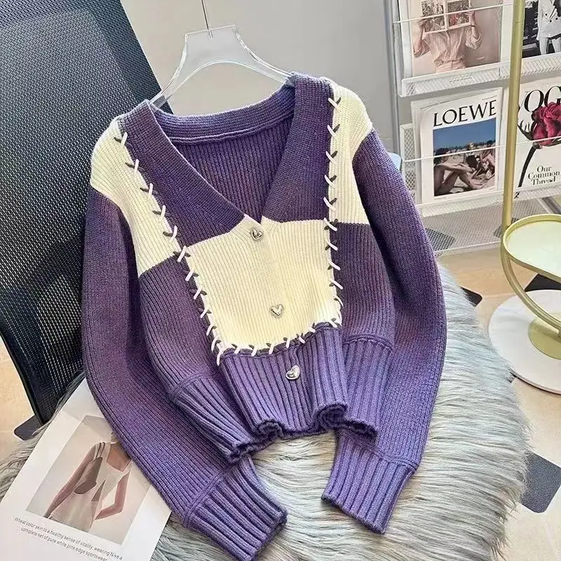 Women's Clothing Unique Chic Sweaters Autumn/Winter Vintage Long Sleeve Knit Loose Cardigan Lady All-match V-neck Patchwork Tops