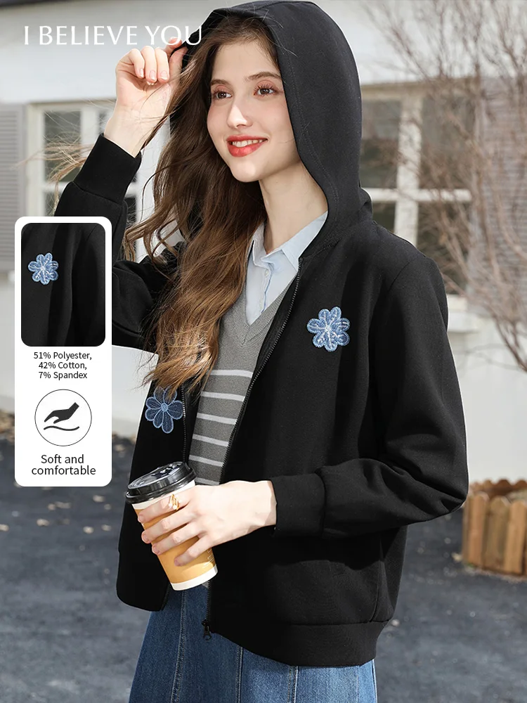I BELIEVE YOU Snowflake Bead Embroidered Hooded Coat Autumn 2025 Black Lightweight Casual Tops Versatile Commute Coat 2253186165
