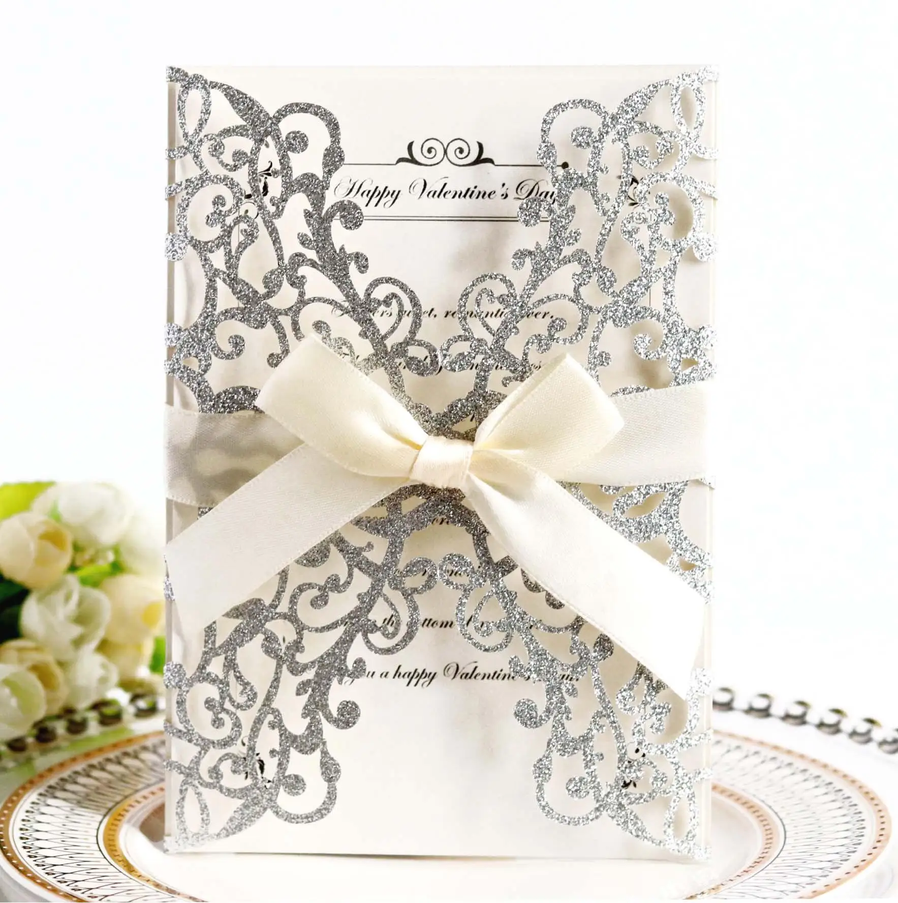 Lasergeschnittene Spitzenpapier-Hochzeitseinladung - Perlenverzierte Elegante Einladungskarten für Hochzeitszeremonie, Vorabendessen