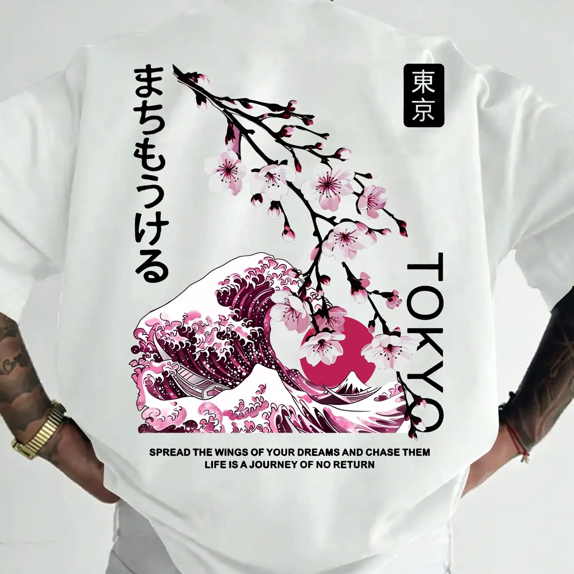 Herren-T-Shirt im Harajuku-Stil mit „Tokyo“-Kirschblüten- und Kanagawa-Muster, weich und atmungsaktiv, 100 % reine Baumwolle, Sommer-Oberteil – Detail 2