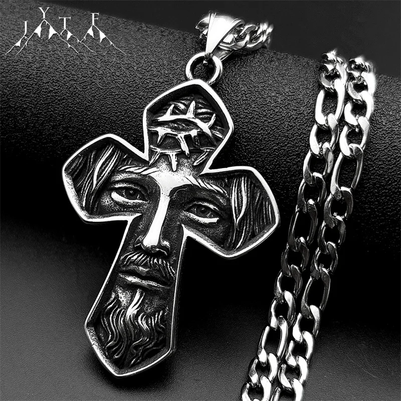 

Crown of Thorns Jesus Cross Pendant Necklace for Women Men Stainless Steel Christian Crucifix Male Chain Necklaces Jewelry Gift