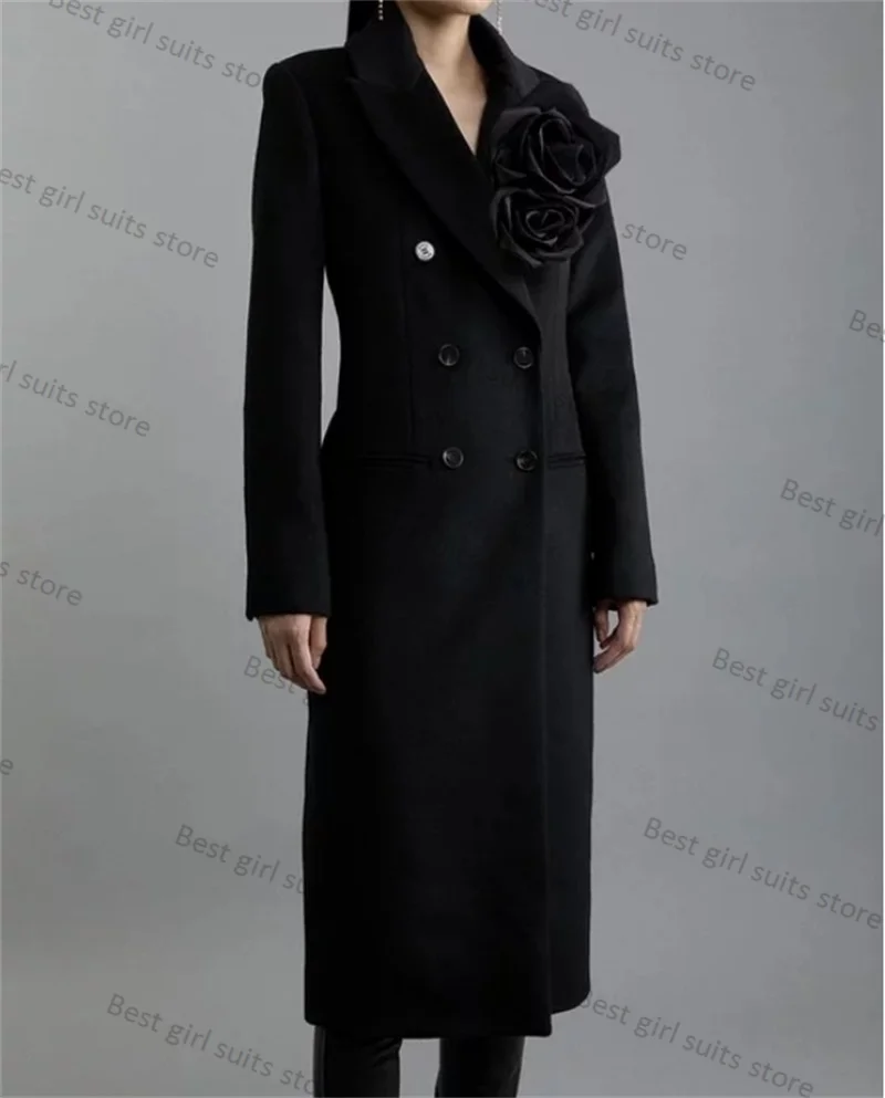 Black Cashmere Wool Women Suit 1 Piece Blazer Overcoat 3D Flower Formal Office Lady Jacket Customized Prom Coat Winter Outfit