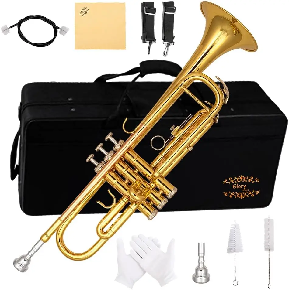 Trumpets for Beginner or Advanced Student with Case, pair of gloves-Gold