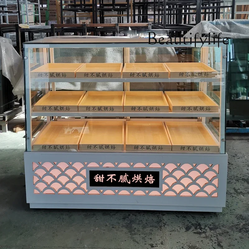 A  Spot new pastry cabinet peach puff bread cabinet back door solid wood curved corner glass display cabinet