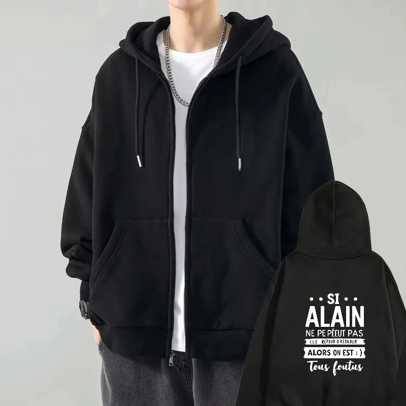 

Mens Hooded Jacket Black Printed Alain Text Design Casual Streetwear Outdoor Wear