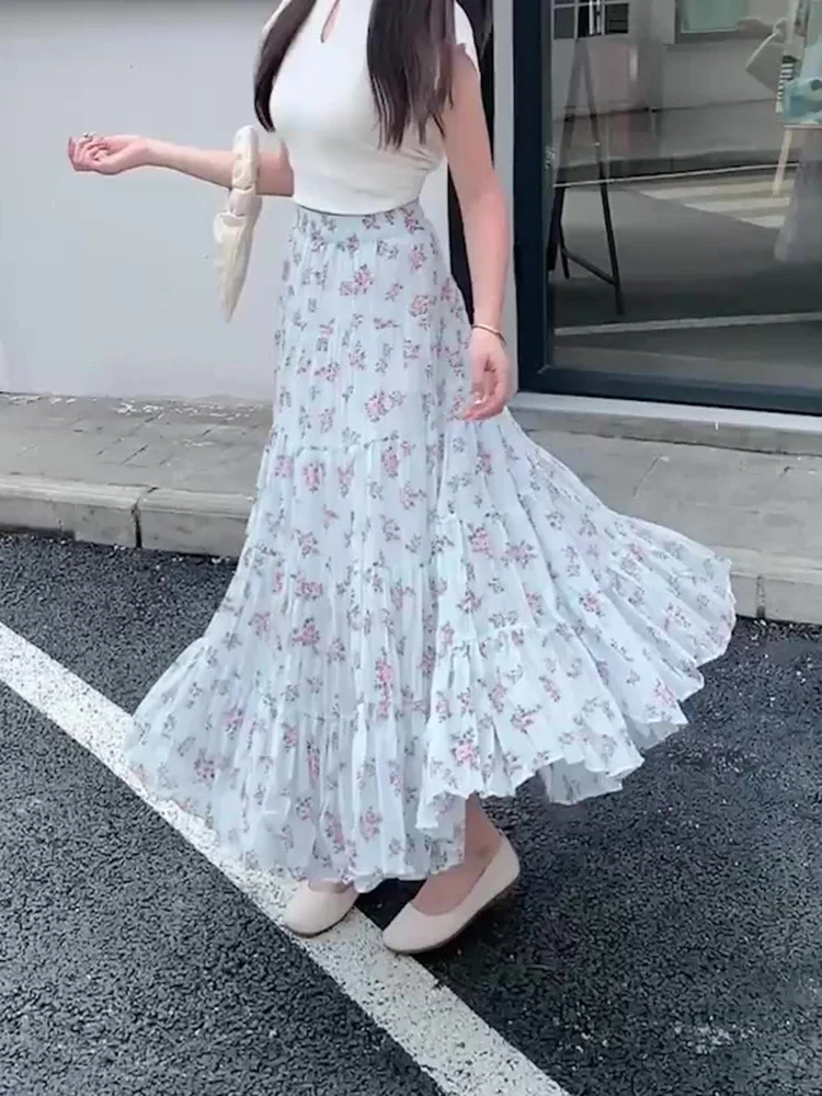 Real Shooting of 2025 Spring Summer New Style Sweet Printed Western-style Floral Pleated A-line Skirt Retro Big Swing Skirt A279