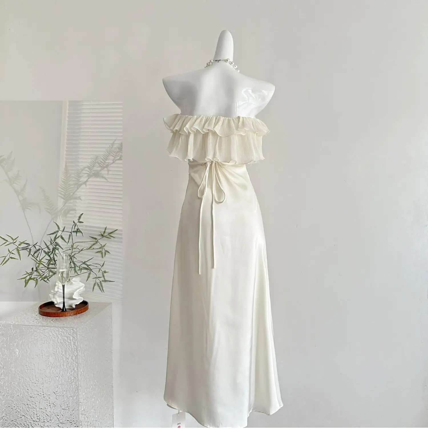 Elegante sem alças babados sereia vestido feminino verão estilo francês fino ajuste fora do ombro volta rendas festa vestido longo