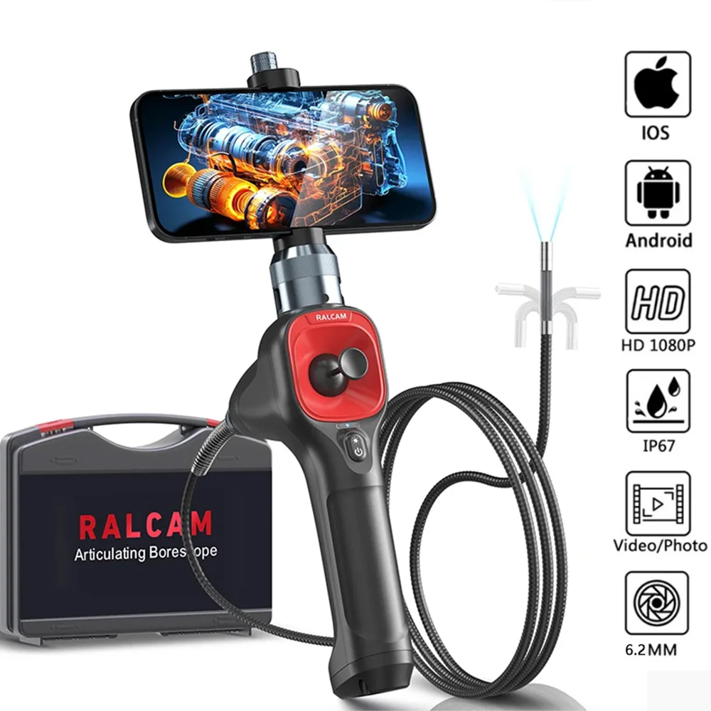 Ralcam Telecamera endoscopica per tubazioni industriali a 4 vie per smartphone Tipo-C Telecamera di ispezione Android IOS Rotante endoscopica 360 6,2 mm