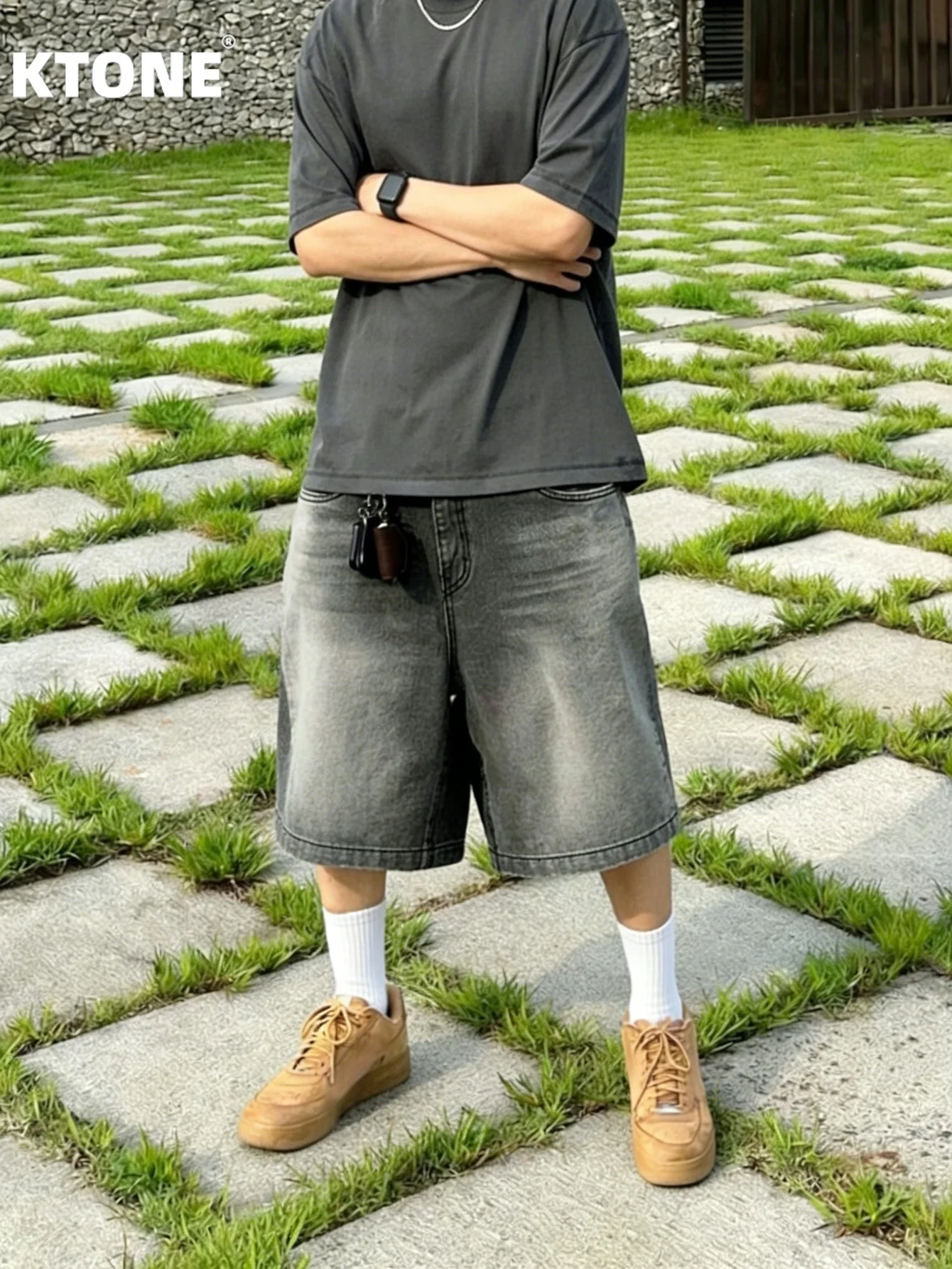 

Comfortable loose fit denim jorts for men non stretch casual style solid color black gray light hue short pants