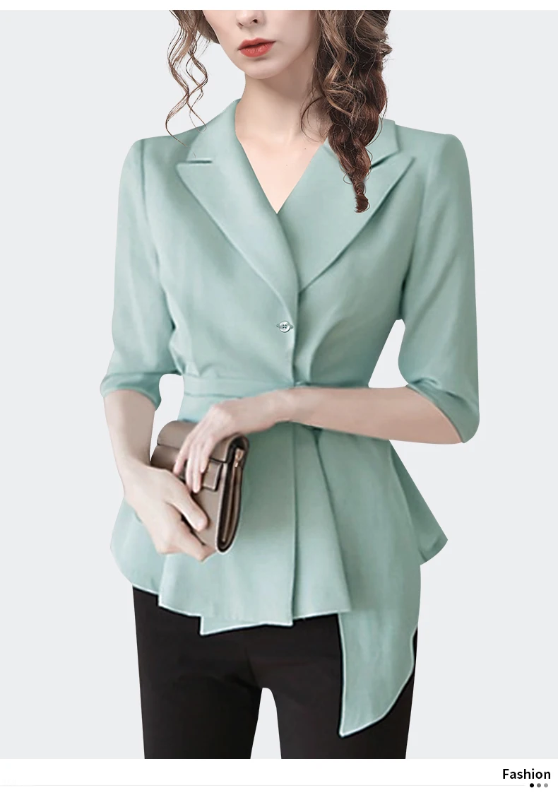 Fashion Suit Collar Light Blue Women Working Shirt With Belt Elegant Slim Half Sleeve Blouse 2022 Spring Summer Female Tops