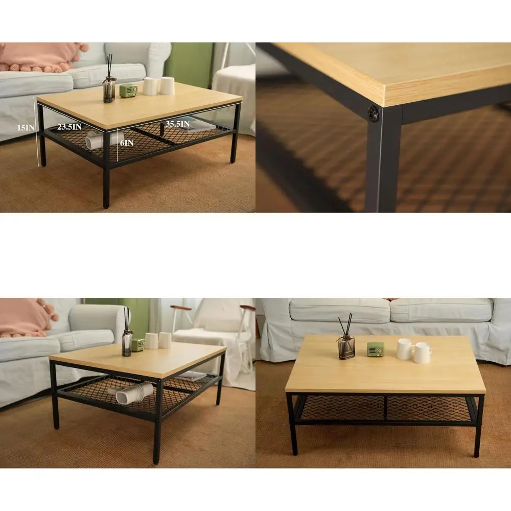 

Прямоугольный двухуровневый деревянный журнальный столик с металлическим каркасом и полкой для хранения, 35,5 янтарный