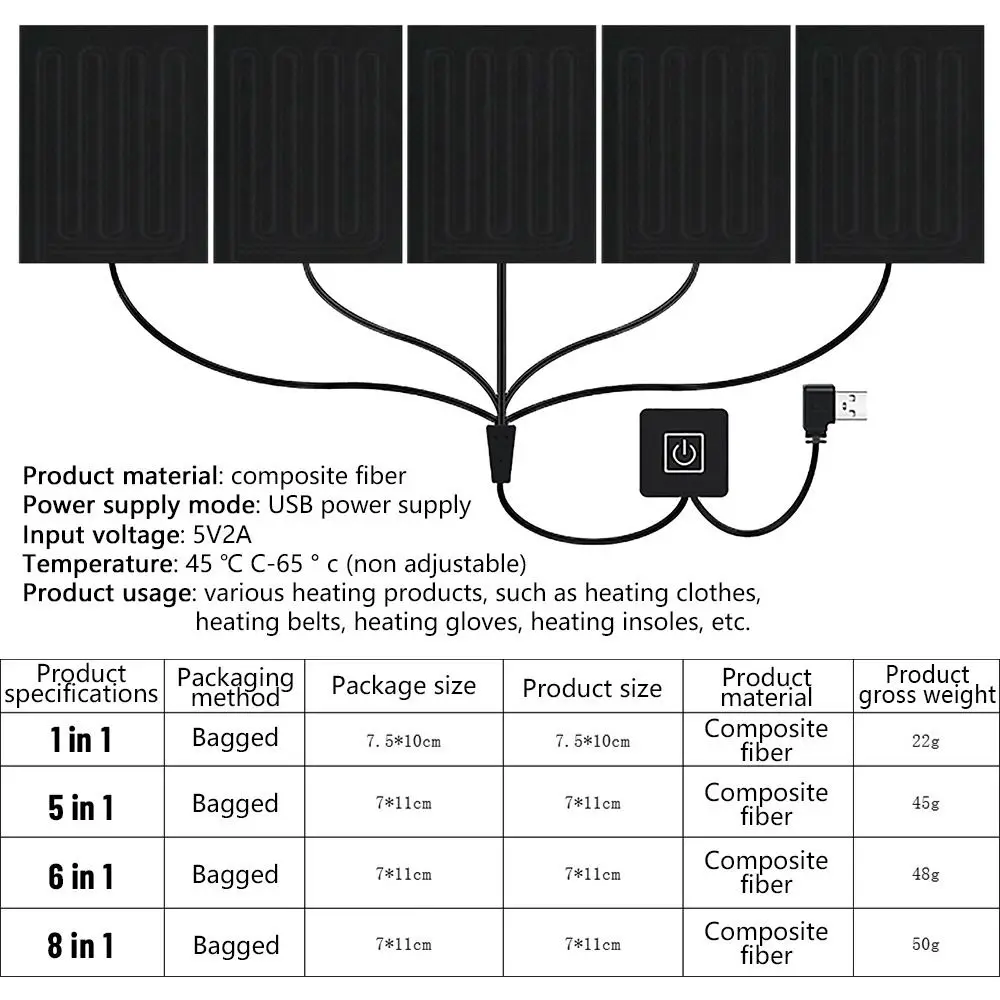 5 in 1 For Vest Jacket Adjustable Temperature Heating Warmer Pad USB Heater Pad Clothes Heater Pad Electric Heating Sheet