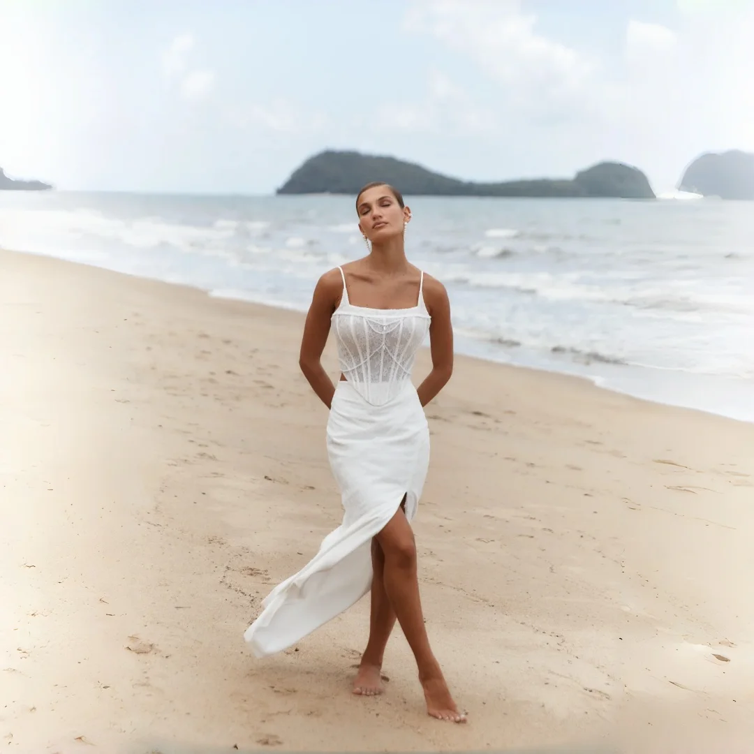 Wishah Customized Sheath Boho Romantic White Lace Wedding Dress Square Neck Spaghetti Straps Sweep Train Side Slit Bridal Gowns