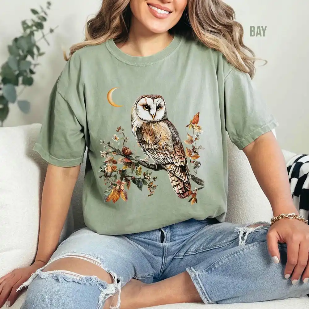 Vintage cottagecore coruja camiseta para mulher floral whimsigoth floresta escura academia camisa crewneck casual unisex y2k topo streetwear
