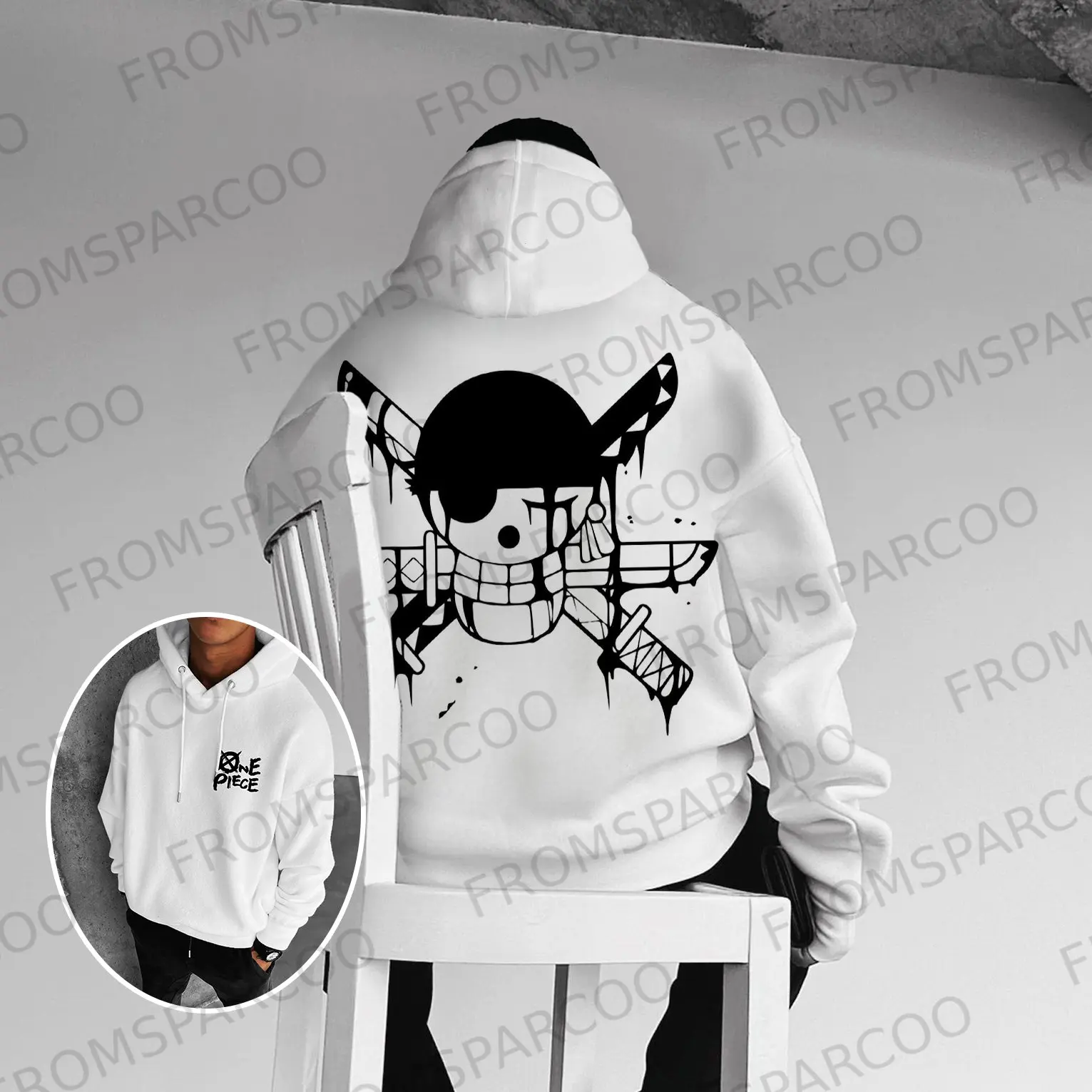 

One Piece Black Hoodie Men's Sparco Official We Go To The New World Back Print Anime Streetwear with Pirate Hat Character