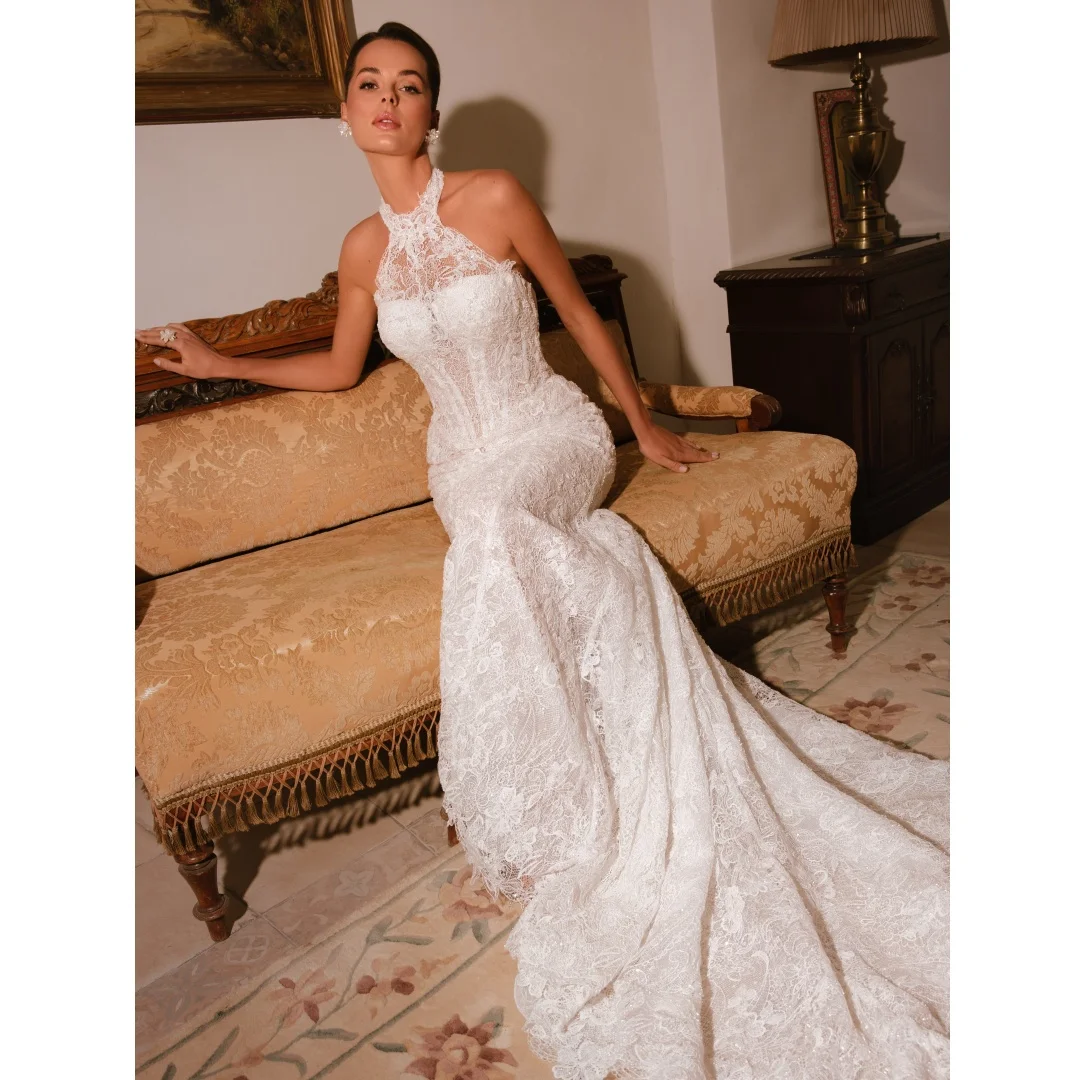Elegant Lace Mermaid Wedding Dresses Halter Neck Corset Bridal Gown Backless Luxury Party Dress Vestidos Customized