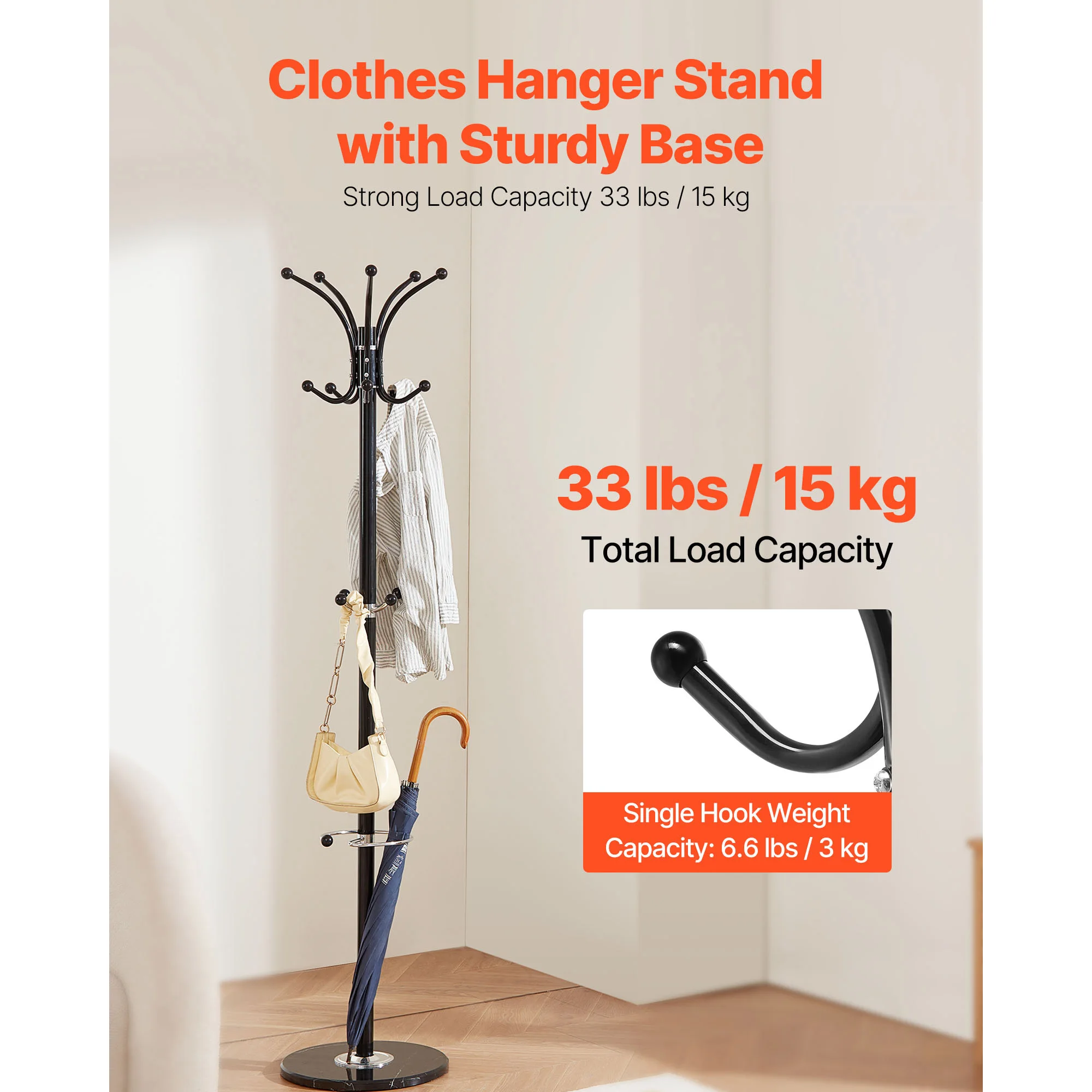 SucceBuy Freestanding Coat Rack Metal Coats Rack Stand with Umbrella Holder Marble Base &14 Hooks Hall Coat Tree for Living Room