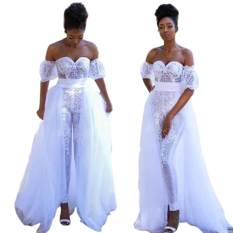 Aso Ebi African Wedding Jumpsuit With Detachable Train Sweetheart Off Shoulder Garden Beach Bride Outfit Pant Suit