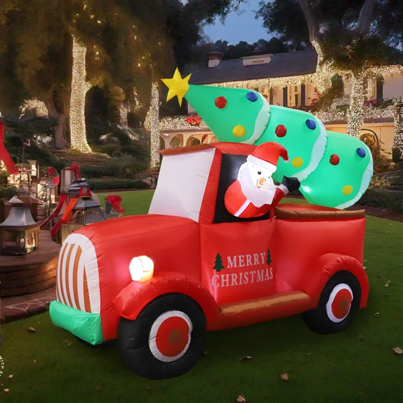 2.2M/7.2FT Inflatable Santa in Red Truck with Tree Light LED Home Holiday Lighting Decor Xmas Supplies Outdoor Inflatable Decor