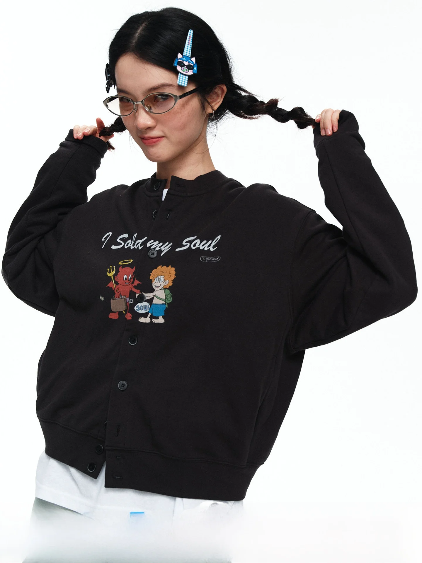 TIPSEVEN Retro Devil Boy Print Baseball Loose Knitted Jacket Women's Short Outerwear Autumn Cotton Long Sleeve Button up