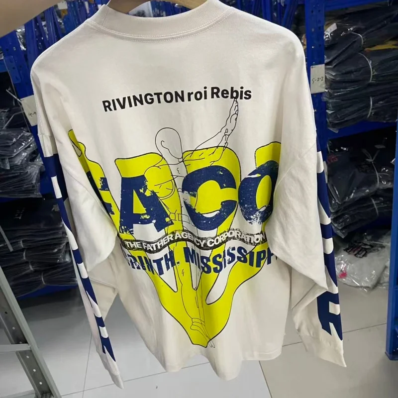 Retro RRR Graphic Print Oversized Long Sleeve T Shirt Men Washed Cotton Tee