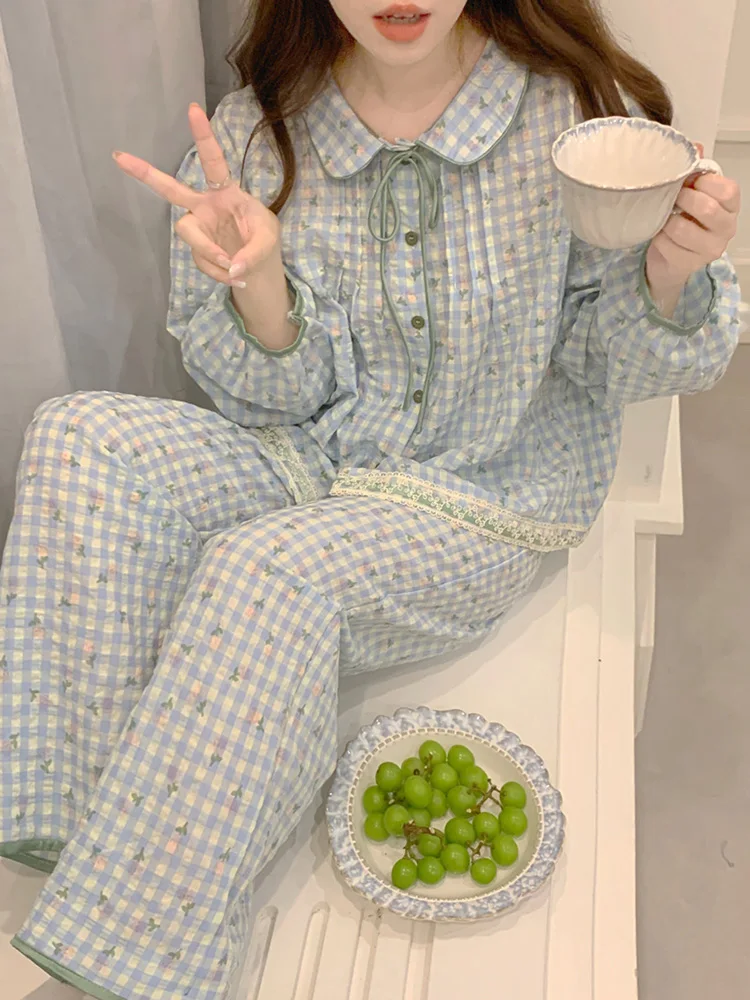 New Print Simple Sweet Korean Plaid Fashionable Autumn Long Sleeve Pajama Set Women Loose Elegant Casual Comfortable Sleepwear