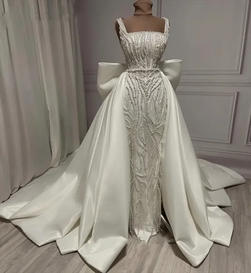 

Flavinke Customized Luxury Pearls Crystal Dubai Mermaid Wedding Dresses 2025 Detachbale Train Beaded Bridal Dresses vestidos