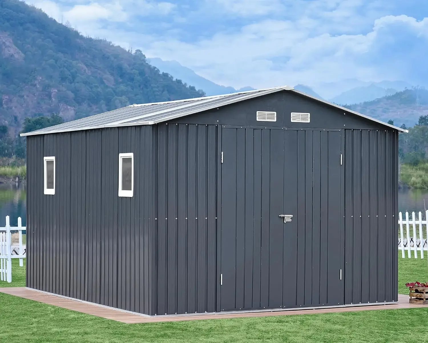 Metal shed with 2 Clear Panels Hinged Double Doors 4 Vents, Outdoor Shed for Backyard, Garden, Patio, Dark Grey/White