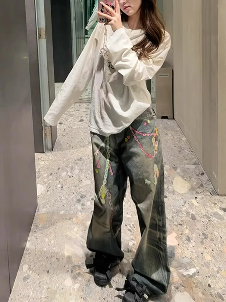 プリントウォッシュだぶだぶのジーンズ女性のためのストリートカジュアルデニムパンツワイドレッグストレートポケットジッパーデニムロングパンツ