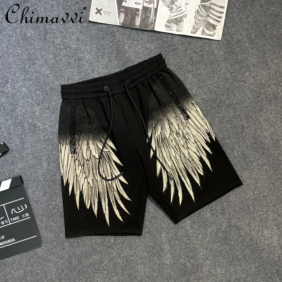 

Oversized Wide Legs High Street Loose Casual Shorts New Summer Heavy Hot Drilling Wings Shorts Men's Straight Sports Shorts