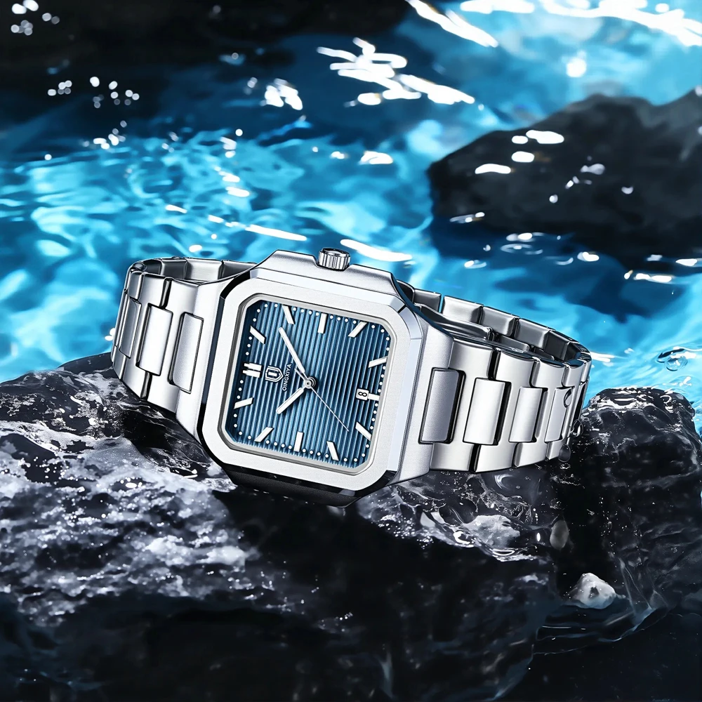 QINGXIYA العلامة التجارية مربع موضة رجل ساعة اليد مقاوم للماء مضيئة تاريخ كوارتز ساعات رجالي الفولاذ المقاوم للصدأ ساعة رجالية فاخرة Reloj