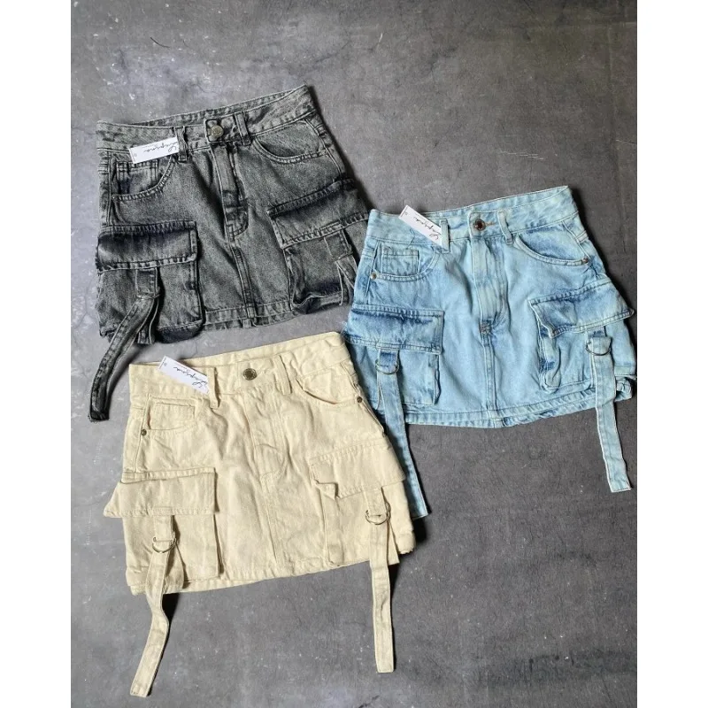 2024 Summer Denim Skirt Multi-Pocket Y2K Skirt Solid Color Mini A-Line Harajuku Fashion Hot Girl Casual Versatile Street Wear